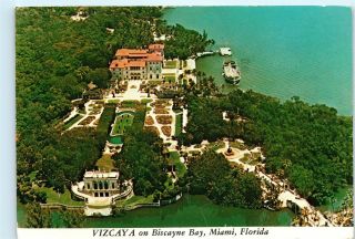 Aerial View Vizcaya Mansion Biscayne Bay Miami Florida Vintage 4x6 Postcard D75