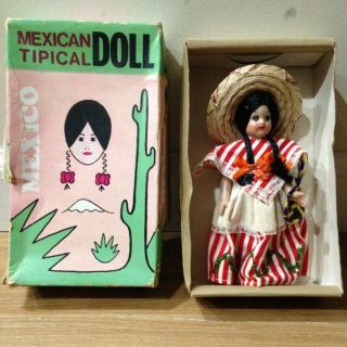 Vintage Mexican Tipical 6 Inch Doll With Embroidered Dress And Box