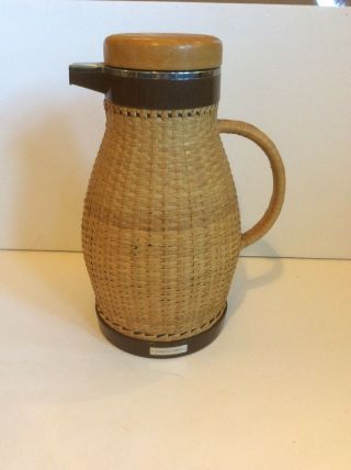 Vintage Corning Designs Mid Century Wicker Coffee Tea Carafe Wood Lid Brown