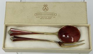 Vintage David Andersen 925s Red Enamel Spoon & Fork Gilt Sterling Silver W Box