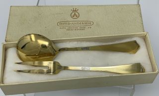 Vintage David Andersen 925S Red Enamel Spoon & Fork Gilt Sterling Silver w Box 2