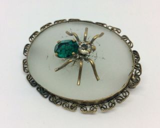 Vintage Art Deco Decorative Spider With Green Paste Stone Body Glass Pin Brooch