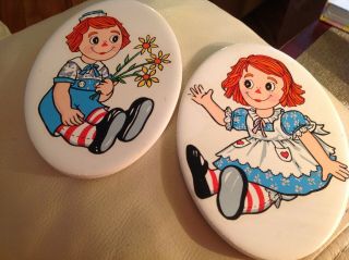 Vintage Raggedy Ann & Andy Oval Tile Wall Plaques - H&r Johnson England