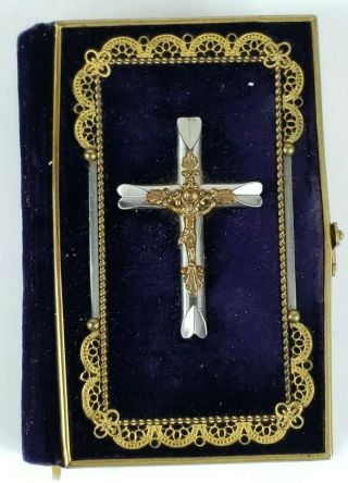 1884 Antique Velvet Catholic Prayer Book With Crucifix & Ornate Metal Work 1884