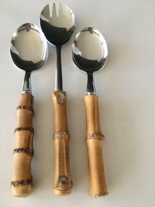 Vintage Japanese 3 Piece Set Bamboo/stainless Steel Large Serving Spoons