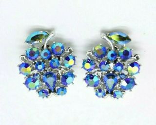 Lisner Blue Aurora Borealis Rhinestone Flower Silver Tone Clip Earrings Vintage