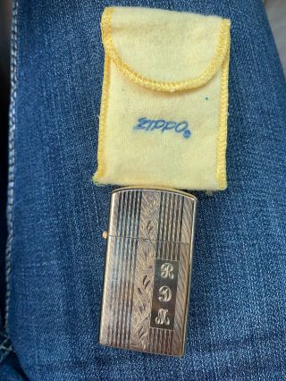 Rare Zippo Vintage 10k Gold Slim Lighter W Soft Case Monogrammed Initials