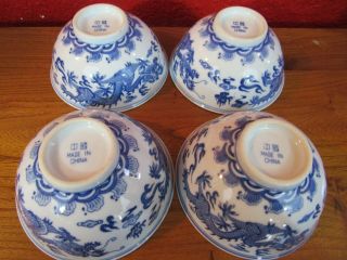 4 Rare Chinese Vintage Blue&white Porcelain Double Dragon Bowls