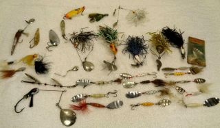 30 Vtg Fishing Lures Spinners Spoons Flies Mepps Arbogast Abu Spinnaren Reflex