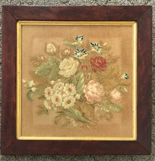 19th C.  Floral Embroidery Needlework Framed W/ Pole Screen Mounts