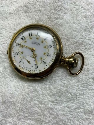 Multi Colored Fancy Dial 16 Size Waltham Pocket Watch Gold Filled Case With Deet