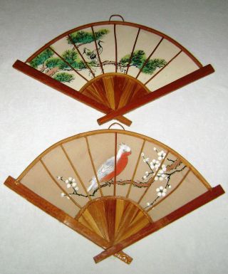 Vintage Pair Japanese Wall Fan Decorations Hand Painted Linen Cranes & Parrot