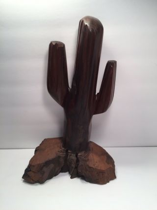 Vintage Large Ironwood Sculpture Hand Carved Cactus 12” Tall Great Decor