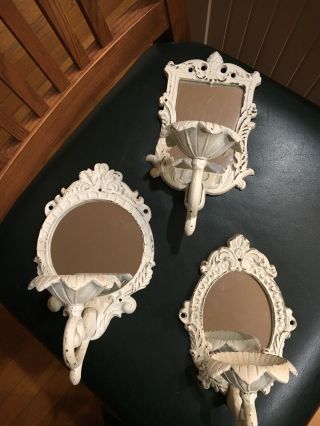 Set Of 3 Antique Wall Mount Metal Candle Holders With Mirrors