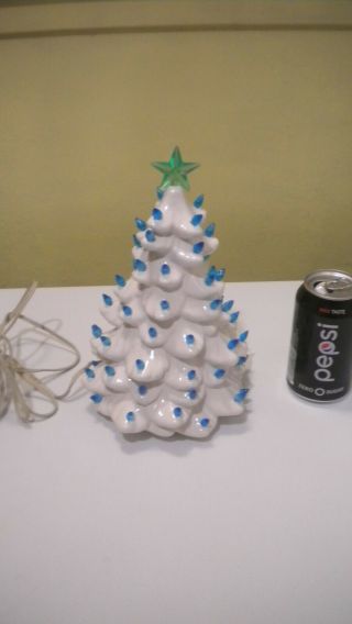 Vintage Ceramic Christmas Tree White W/ Blue Lights & Green Star Is 10 " Tall