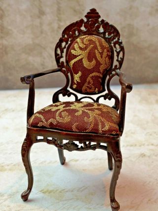 Vintage Miniature Dollhouse Artisan Silk Upholstered Carved Parlor Chair Bespaq