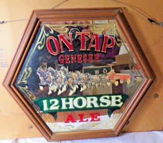 Vintage Genesee 12 Horse Ale On Tap Hexagon Mirror Bar Sign Beer Advertising