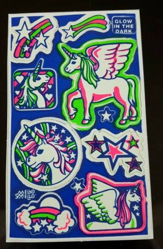 Rare Vtg 80s Mello Smello Unicorn Pegasus & Stars Stickers - Glow In The Dark