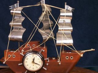 Vintage United Metal Wooden Nautical Sailing Ship Clock