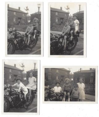 Children Seated On An Old Ajs Motor Bike - 4x Vintage Photographs C1955
