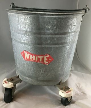 Vintage White Galvanized Metal Bucket Wheeled Rolling Mop With Handle