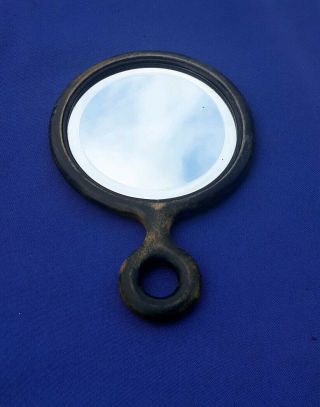 Vintage Round Wooden Vanity Beveled Glass Hand Beauty Mirror 4 ½” Very Fine Con