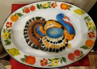 Vintage Colorful Enamelware Metal Thanksgiving Turkey Serving Platter 18 X 13