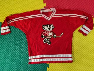 Vintage University Of Wisconsin Badgers Red Satin Hockey Jersey Youth Size Large