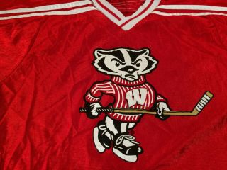 Vintage University of Wisconsin Badgers Red Satin Hockey Jersey Youth Size Large 3