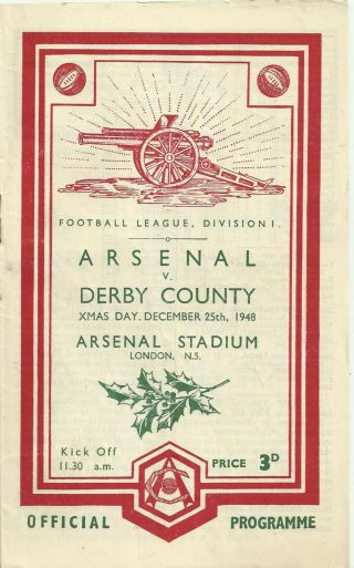 Vintage Xmas Day Festive Football Programme Arsenal V Derby County 1948