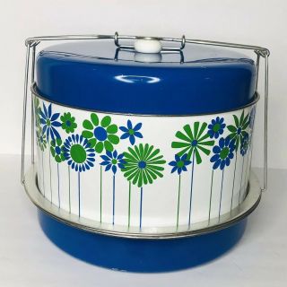Vintage Green Blue Mod Mid Century Flower Metal Cake / Pie Carrier Tin 1970 