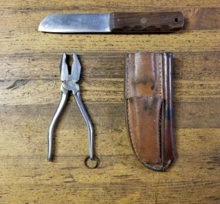 Vintage Sheffield England Pliers & Knife Multitool W/ Leather Pouch Mechanics Uk