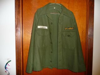 Vintage Med.  Green Wool Korean War Us Army Field Shirt Military Jacket Patches