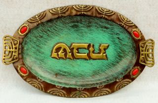 Large 16 " Vintage Israel Judaica Jewish Enamel Brass Copper Serving Tray Platter