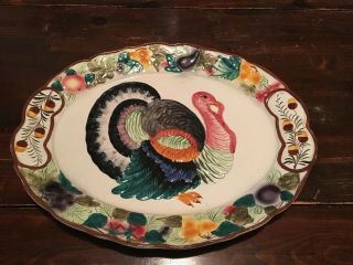 Large Vintage Italy Italian Hand Painted Pottery Thanksgiving Turkey Platter