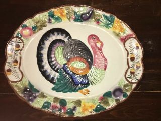 Large Vintage Italy Italian Hand Painted Pottery Thanksgiving Turkey Platter 2