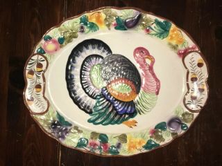 Large Vintage Italy Italian Hand Painted Pottery Thanksgiving Turkey Platter 3