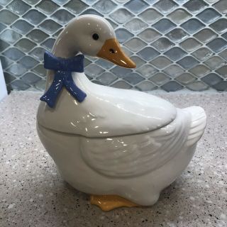 Vintage Ceramic White Goose Duck With Blue Bow Cookie Jar Canister 9x9” Farm