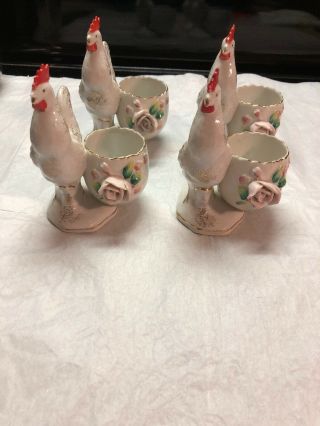 Set Of 4 Vintage Sterling China Japan Rooster Egg Cups