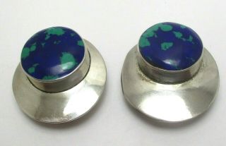 Vintage 925 Mexico Sterling Silver Blue Azurite Malachite Clip On Earrings