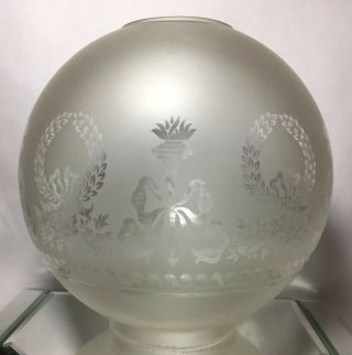 Rare Antique Acid Etched Wreath & Torch Gwtw Glass Globe Lamp Shade 4 " Fitter