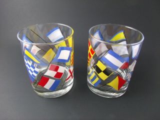 Vintage Georges Briard Low Ball Glasses Flags Set Of 2 Retro Signed