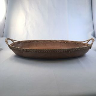 Vintage Large Wood Serving Tray Bowl Oval Platter with Handles Woven Trim  3