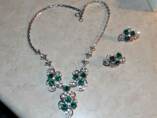 Vintage Ora Emerald Green Rhinestone Silvertone Necklace Earring Set Estate