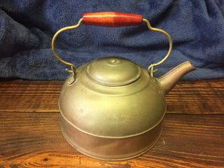 Antique Vintage Revere Ware Brass & Copper Tea Pot - Wooden Handle Rome N.  Y.