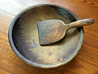Early Antique Primitive Turned Out Of Round Wood Dough Bowl & Butter Paddle Aafa