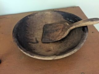 Early Antique Primitive Turned Out of Round Wood Dough Bowl & Butter Paddle AAFA 3