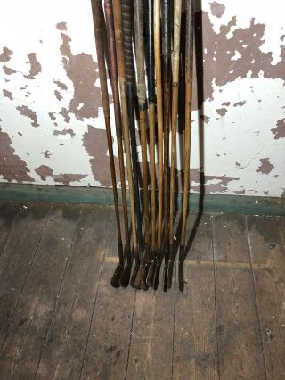 Antique Hickory Golf Clubs X10 Interesting Smooth Faced Irons Cleeks Large Heads