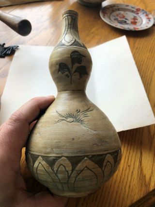 Korean Double Gourd Pottery Vase Cranes Brown Tan Vintage