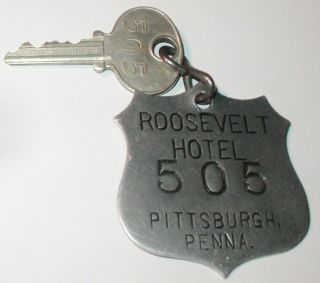 Vintage Roosevelt Hotel Key & Fob Pittsburgh Penna Silver Shield Fob Room 505